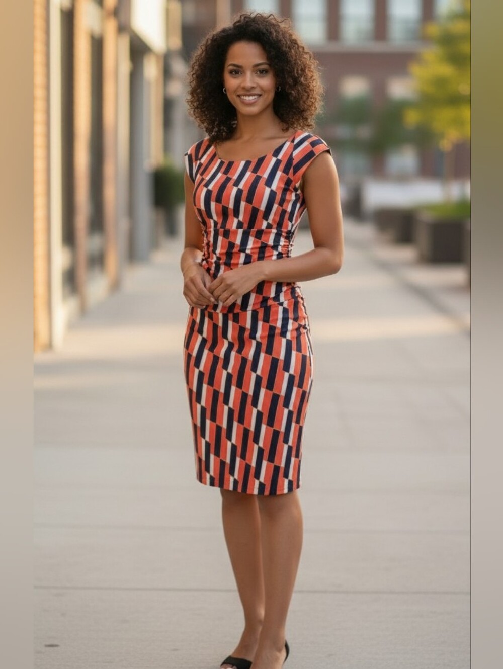 Bisou Bisou Multi Colored Geometric Pattern Short Cap Sleeve Sheath Dress Size 8